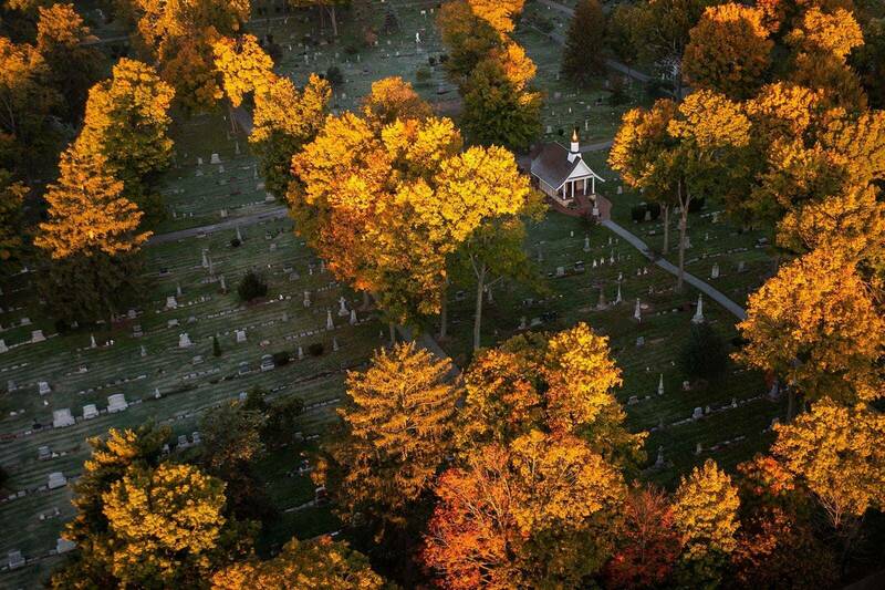 Sun shines off of the bright orange and yellow trees in a cemetery.