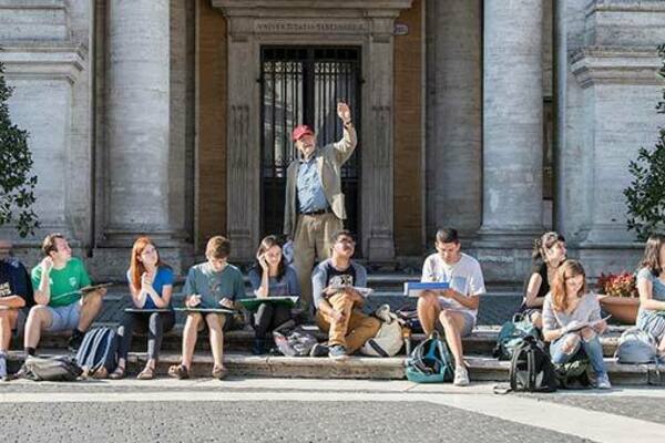 Professor Richard Piccolo holds a drawing class in the Square at the top of the Capitoline Hill in Rome, Italy.