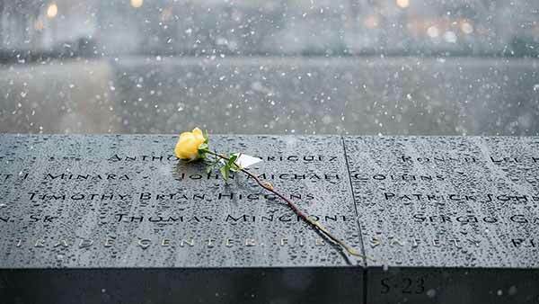 911 Memorial Site in New York. Flowers were placed in honor of members of the Notre Dame family.