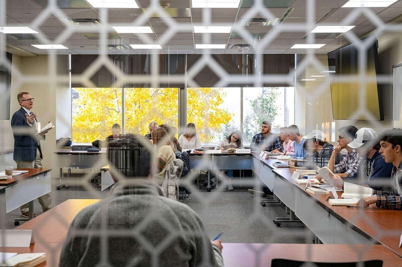 A blurred pattern from frosted glass is in the foreground. Through the glass, a professor teaching glass.
