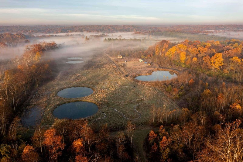 Colorful fall trees surround an area with three large ponds. Fog colors most of the park.