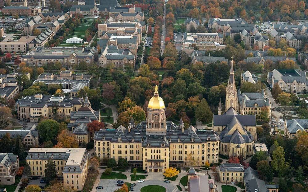 A campus aerial including the Golden Dome, Basilica of the Sacred Heart, and surrounding buildings.