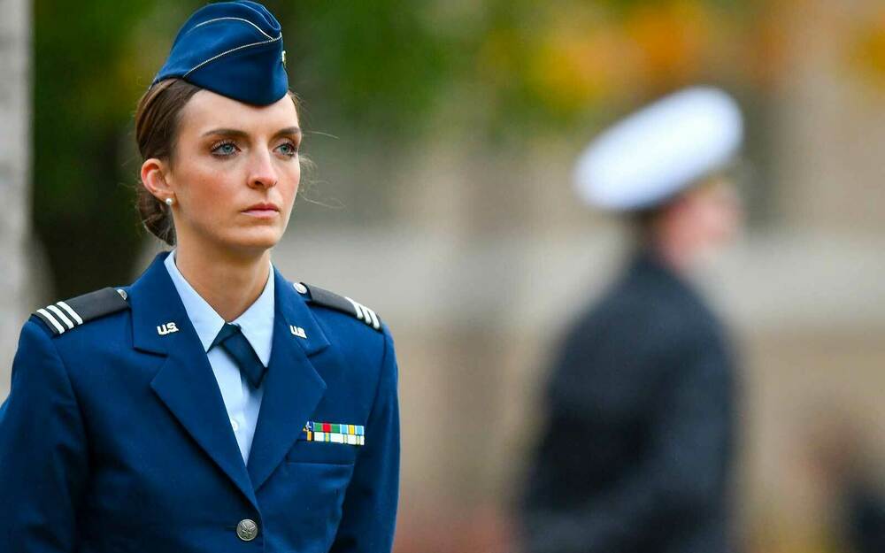 An ROTC cadet at military attention stance.