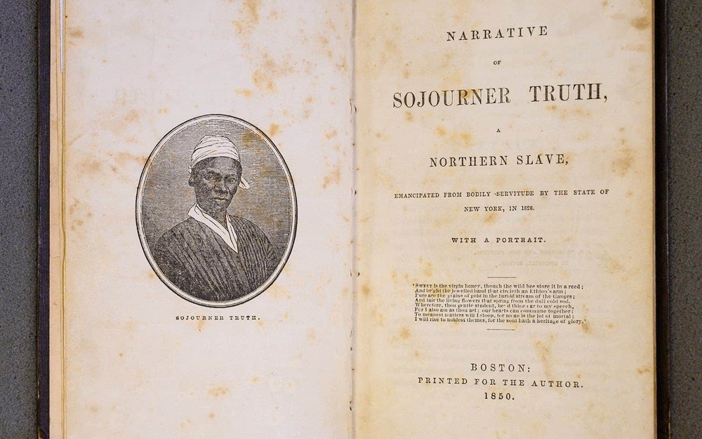 An open book of the 1850 1st edition of Sojourner Truth.