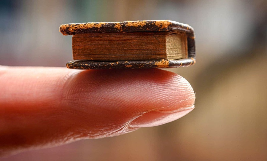 An individual balances a tiny book on their pointer finger.