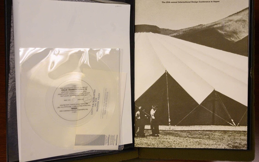 1965 Aspen magazine, a full bleed photo on the right and a mini vinyl record in a clear sleeve on the left.