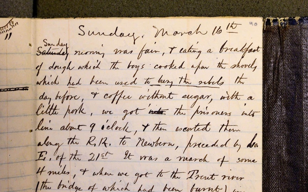 A close-up of a handwritten Civil War diary.