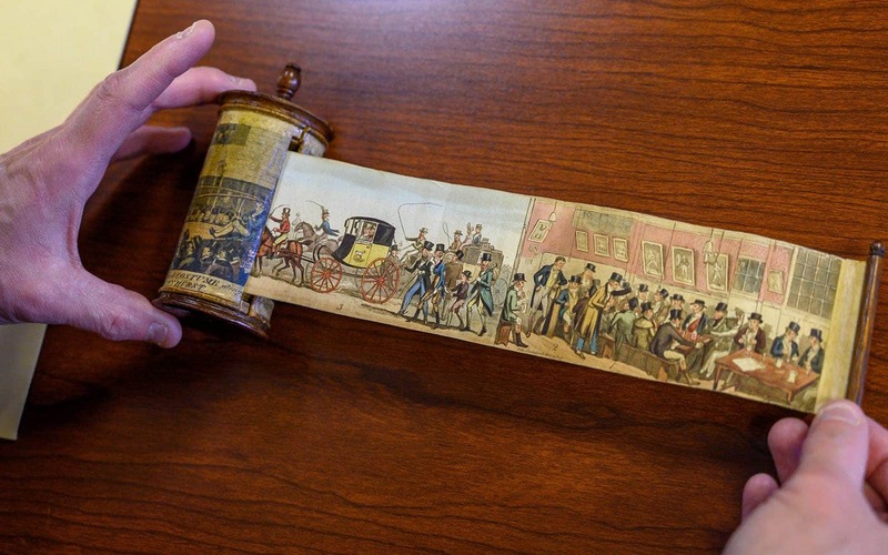An 1819 English scroll depicting the story of men going to see a fight.