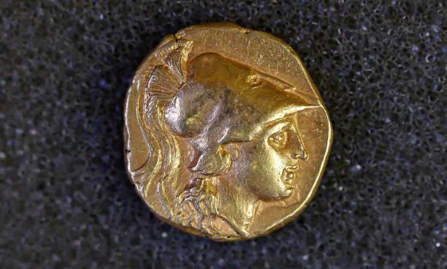 The head of Athena on a 4th century B.C. coin.