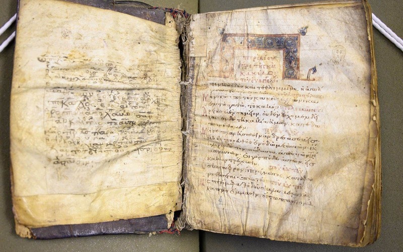 A worn and wrinkled 12th century Byzantine book.