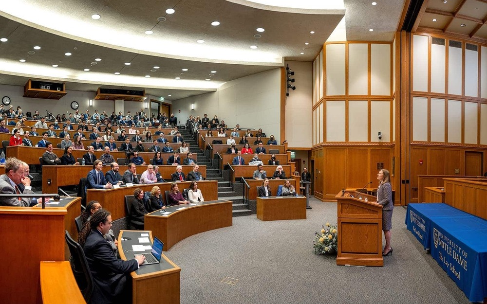 Amy Coney Barrett, Associate Justice of the Supreme Court of the United States, speaks in the McCartan Courtroom in the Notre Dame Law School.