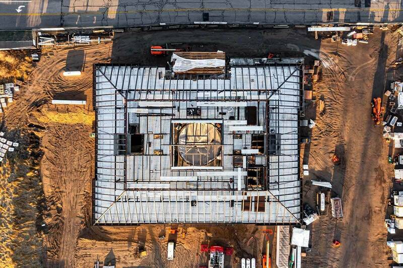 Top-down aerial view of the steel work during construction.