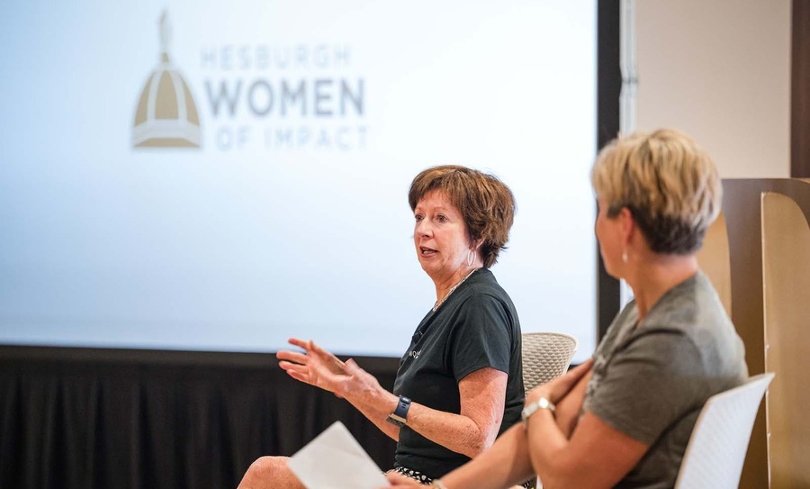 Former Women's Basketball coach Muffet McGraw speaks at a 2022 Hesburgh Women of Impact Retreat event.