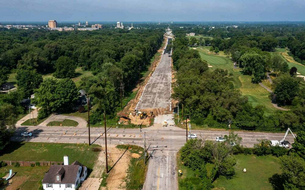 An aerial view of road construction.
