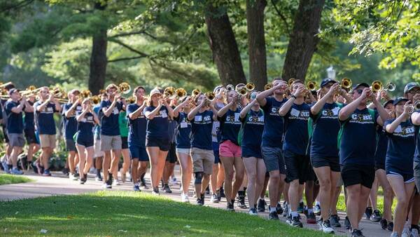 Notre Dame marching band kicks off the school year with their annual march out on campus.
