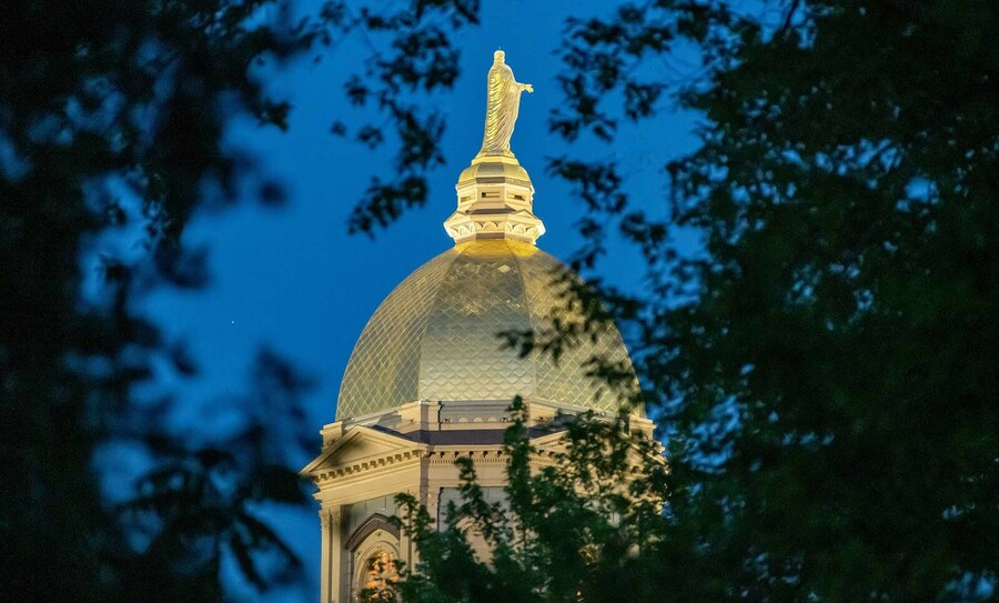 The Golden Dome shines brightly against a dark blue sky and through the silhouettes of trees.
