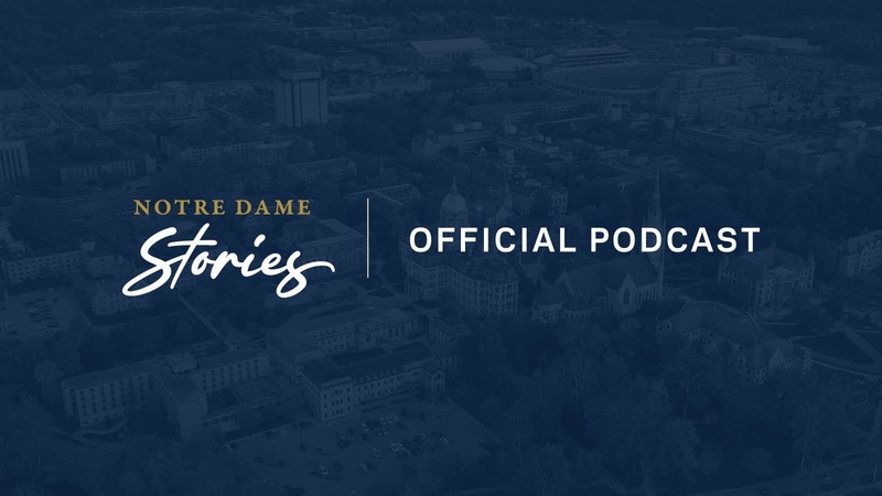 Stories podcast lockup on blue overlaid campus background