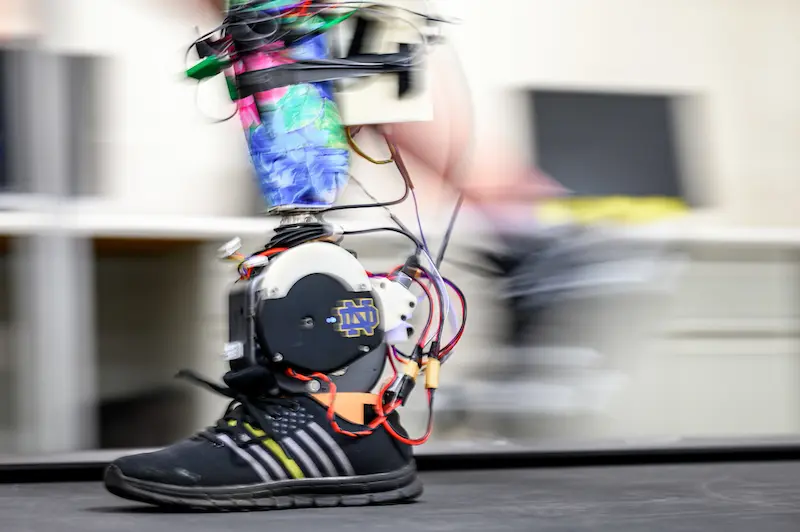 A blurry image shows a robotic leg, partially covered in colorful fabric, attached to a black athletic shoe with a Notre Dame logo on the ankle, on a treadmill.