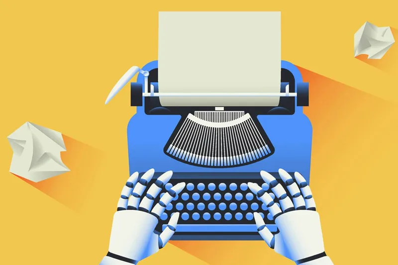 Robotic white hands type on a vintage blue typewriter with a blank sheet of paper inserted and crumpled paper balls nearby on a yellow background.