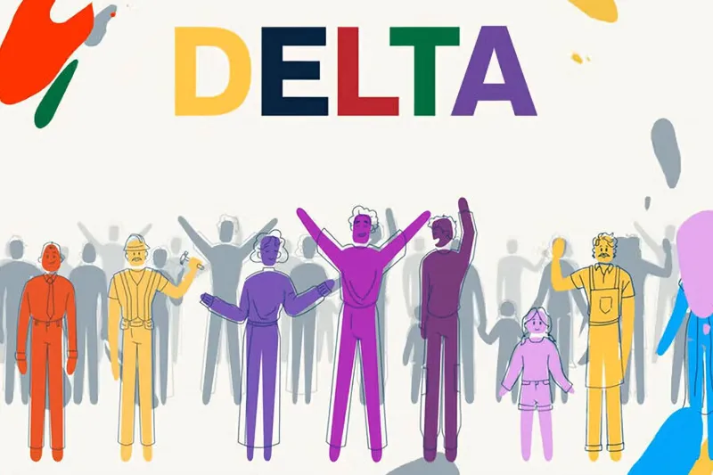 Colorful illustrated graphic featuring the word 'DELTA' in multicolored letters above a diverse crowd of stylized figures in orange, yellow, purple, and pink, with gray silhouettes filling the background.
